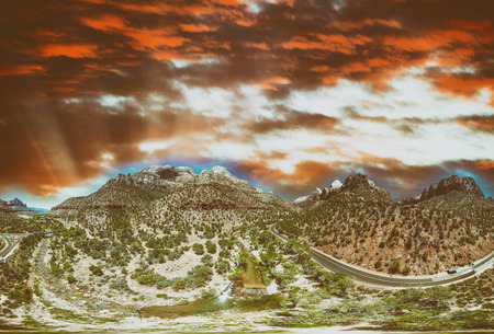 Zion National Park panoramic aerial view at sunset, Utah.
