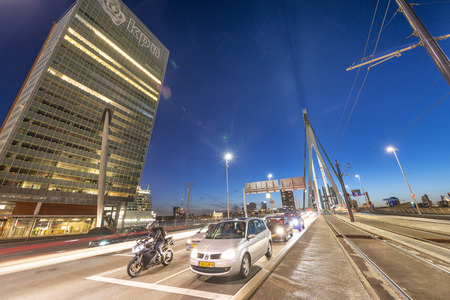 ROTTERDAM, THE NETHERLANDS - MARCH 2015: Night city view from Erasmus Bridge. Rotterdam is a major city in Holland.のeditorial素材