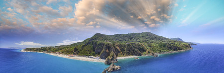 Panoramic aerial view of Tonnara Beach in Calabria with Scoglio Ulivo, Italy.