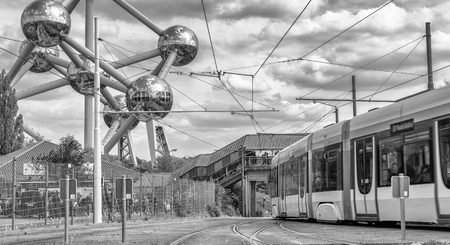 BRUXELLES, BELGIUM - MAY 1, 2015: Subway train speeds up in the city. Bruxelles is the capital of Belgium.のeditorial素材