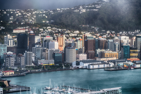 WELLINGTON, NEW ZEALAND - SEPTEMBER 5, 2018: City aerial skyline from the hill. Wellington is the capital of New Zealand.のeditorial素材