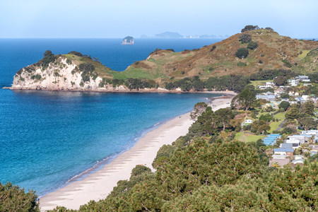 Aerial view of Hahei Beach, Coromandel, New Zealand.の写真素材