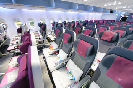 DOHA, QATAR - AUGUST 17, 2018: Interior of Airbus A380. It is the world's largest passenger airliner.のeditorial素材