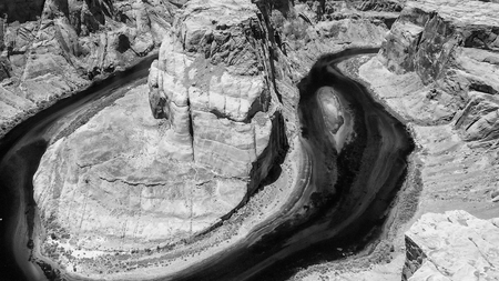 Aerial view of Horseshoe Bend in black and white, Arizona.の写真素材