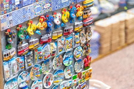 LISBON - OCTOBER 30, 2018: Souvenirs in a local shop. Lisbon attracts 3 million tourists annually.のeditorial素材