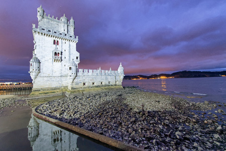 Sunset view of Belem Tower on a beautiful autumn evening, Lisbon, Portugal.のeditorial素材