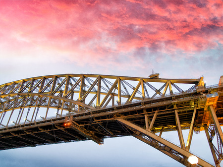 Night view of Sydney Harbor Bridge at sunset, Australia.の写真素材