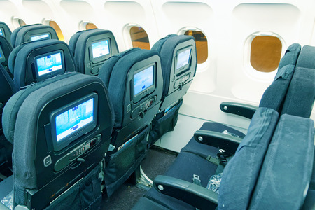 AUCKLAND, NEW ZEALAND - AUGUST 25, 2018: Interior of Air New Zealand airplane. It is the national flagship of New Zealand.のeditorial素材