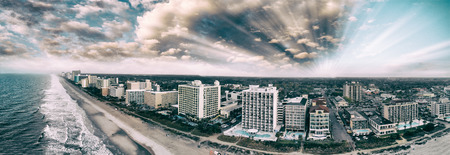 Aerial panoramic view of Myrtle Beach skyline and coastlline at sunset, South Carolina.の写真素材
