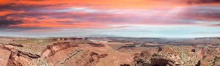 Aerial panorama of Dead Horse in Canyonlands at dusk, Utah. Amazing view on a hot summer day.の写真素材
