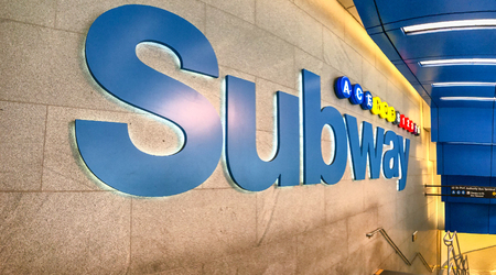 NEW YORK CITY - NOVEMBER 30, 2018: Subway Station sign in Times Square. Subway is the fastest way to move in Manhattan.のeditorial素材