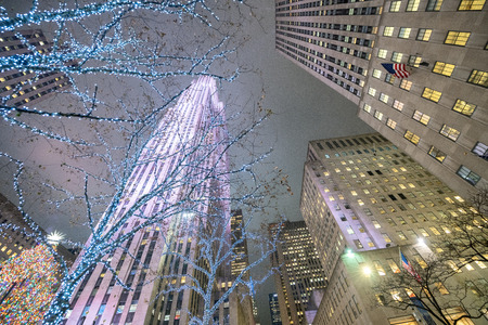 NEW YORK CITY - NOVEMBER 30, 2018: Night view of Rockefeller Center in Manhattan. The city attracts...