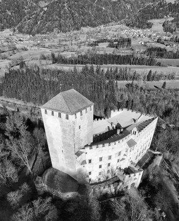 Aerial view of Lienz Castle and valley in winter season, Austria.のeditorial素材