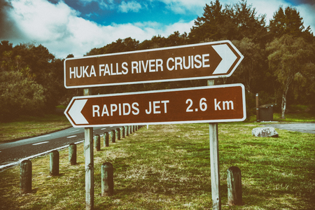 Huka Falls direction signs in New Zealand.の写真素材