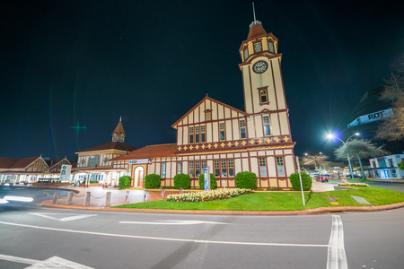 ROTORUA, NEW ZEALAND - SEPTEMBER 1st, 2018: City visitor center at night. Rotorua is a famous tourist attraction.のeditorial素材