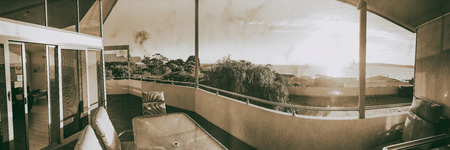 Panoramic coastline view at sunset from home terrace.