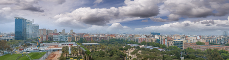 Aerial view of Barcelona skyline at dusk, Spain.のeditorial素材