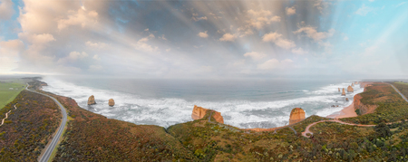 The Twelve Apostles at sunrise, Port Campbell, Australia. Aerial viewの写真素材