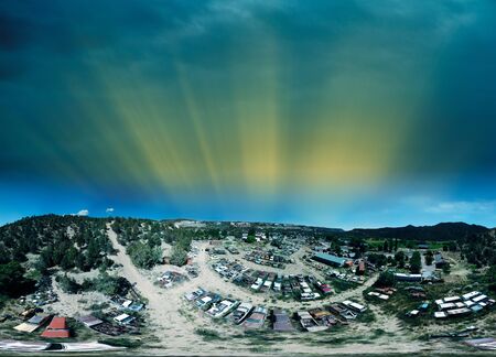 Panoramic aerial view of abandoned vintage car park.