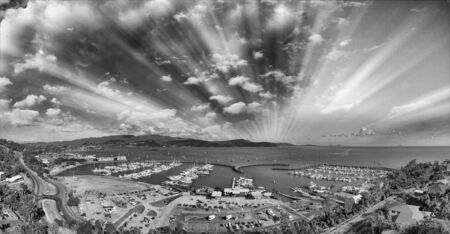 Panoramic aerial view of Airlie Beach skyline and Marina, Australia.の写真素材