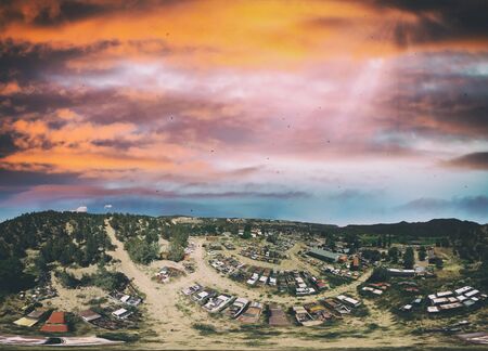 Panoramic aerial view of abandoned vintage car park.の写真素材