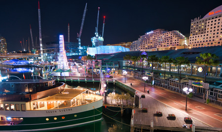 SYDNEY - NOVEMBER 8, 2015: Beautiful night view of Darling Harbour. Sydney attracts 20 million tourists every year.のeditorial素材