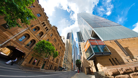 SYDNEY - OCTOBER 2015: Panoramic view of city buildings from the street. The city attracts 20 million people annually.のeditorial素材