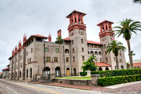 ST AUGUSTINE, FL - APRIL 8, 2018: Flagler College on a cloudy day. The city is the oldest continuously inhabited European-established settlement in US.のeditorial素材