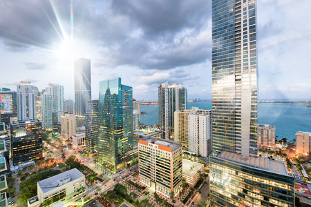 Amazing night skyline of Downtown MIami. Wide angle view of city skyscrapers on a cloudy morning.