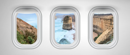 Twelve Apostles coastline as seen through three aircraft windows. Holiday and travel concept.