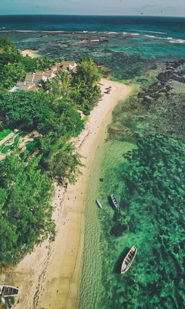Aerial view of beautiful Mauritius beach, Africa.の写真素材