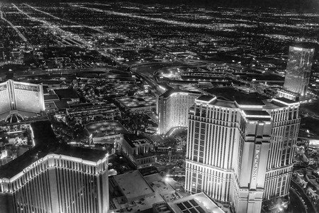 LAS VEGAS, NV - JUNE 29, 2018: Aerial night view of main city Casinos. Las Vegas is known as the Sin City, City of Lights, Gambling Capital of the World.のeditorial素材