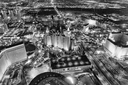 LAS VEGAS, NV - JUNE 29, 2018: Aerial night view of city streets. Las Vegas is known as the Sin City, City of Lights, Gambling Capital of the World.のeditorial素材