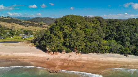 Aerial overhead view of Hot Water Beach and coastline, New Zealand.の写真素材