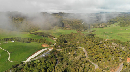 Aerial view of countryside around Waitomo, New Zealand.