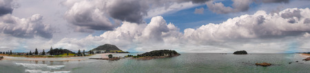 Mount Maunganui, New Zealand. Panoramic aerial view of beautiful seascape at sunset.