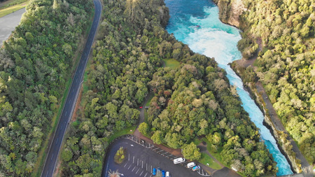 Aerial overhead view of beautiful Huka Falls, New Zealand.の写真素材