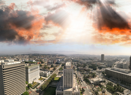 LOS ANGELES - JULY 28, 2017: Aerial view of Downtown on a sunny morning.  The city welcomes more than 40 million tourists annually.のeditorial素材