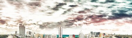 Miami Beach sunset skyline, panoramic aerial view from Canal.の写真素材