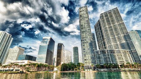 Downtown Miami skyline from Brickell Key on a beautiful sunny day, Florida.の写真素材