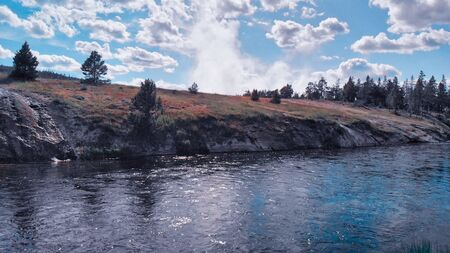 Midway Geyser Basin, Yellowstone. Beautiful aerial view of National Park main attraction.の写真素材