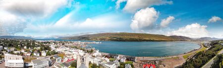 Panoramic aerial view of Akureyri town in Iceland on a sunny summer sunsetの写真素材