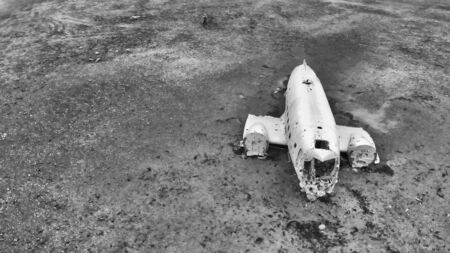 Solheimasandur Plane Wreck, Iceland. Aerial overhead view of airplane wreckage on the beach.