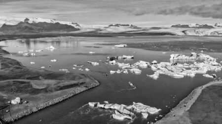Jokullsarlon glacial lake in southwest Iceland. Aerial view of icebergs in the lagoon.の写真素材