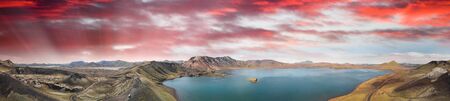Panoramic sunset aerial view of Frostastadhavatn lake. Landmannalaugar, Fjallabak Nature Reserve in the Highlands of Iceland.の写真素材