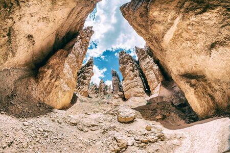Bryce Canyon trail near Sunset Point, wide angle view of beautiful rock formations on a sunny day.の写真素材