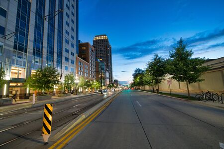 SALT LAKE CITY, UT - JULY 13, 2019: Downtown city streets at night. Salt Lake City was founded by Mormons.の写真素材