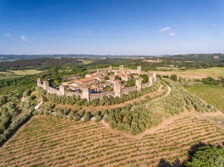 Aerial view of Monteriggioni in summer season, Tuscany.のeditorial素材