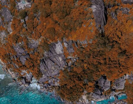 Panoramic aerial view of Seychelles Island on a sunny day from drone