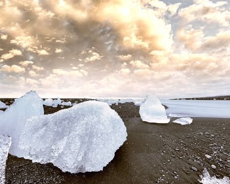 Icebergs at night in Jokulsarlon Lagoon, Iceland.